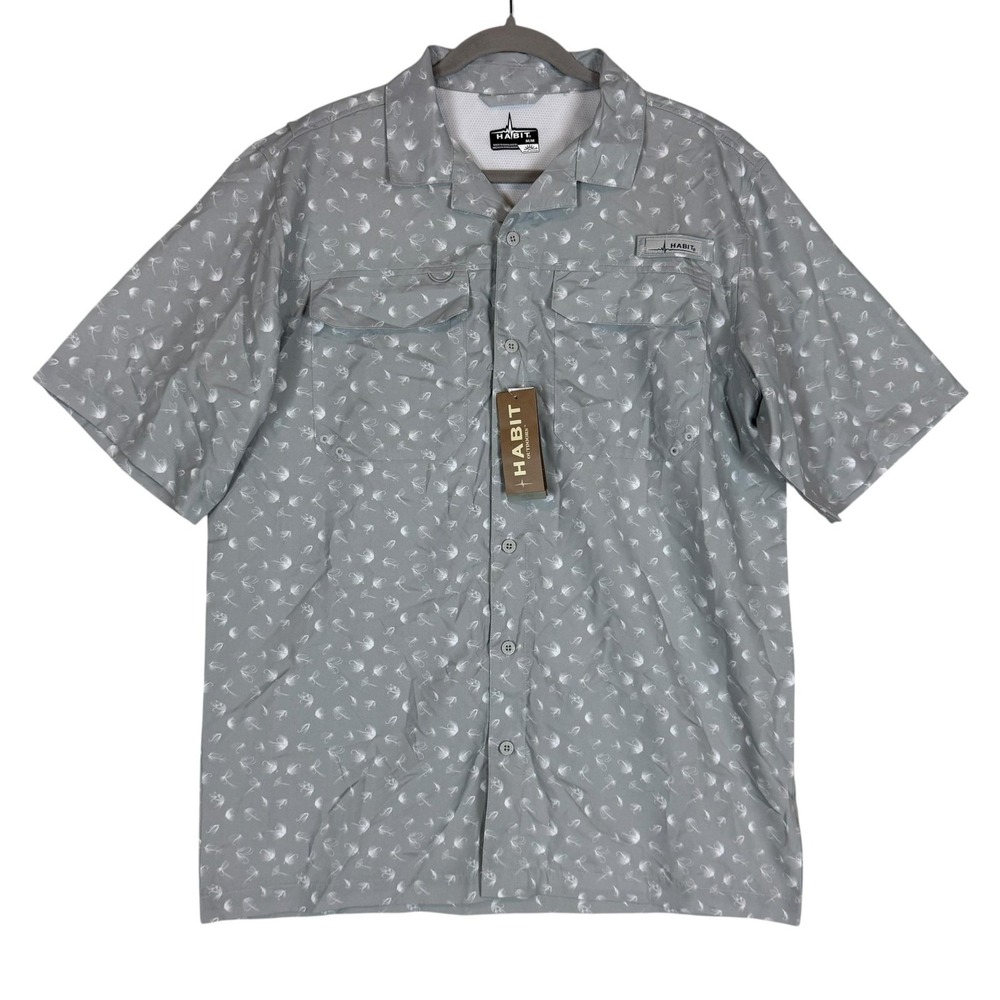 Habit Shirt Mens Medium Gray Fly Print Short Sleeve Button Up Fishing Outdoor